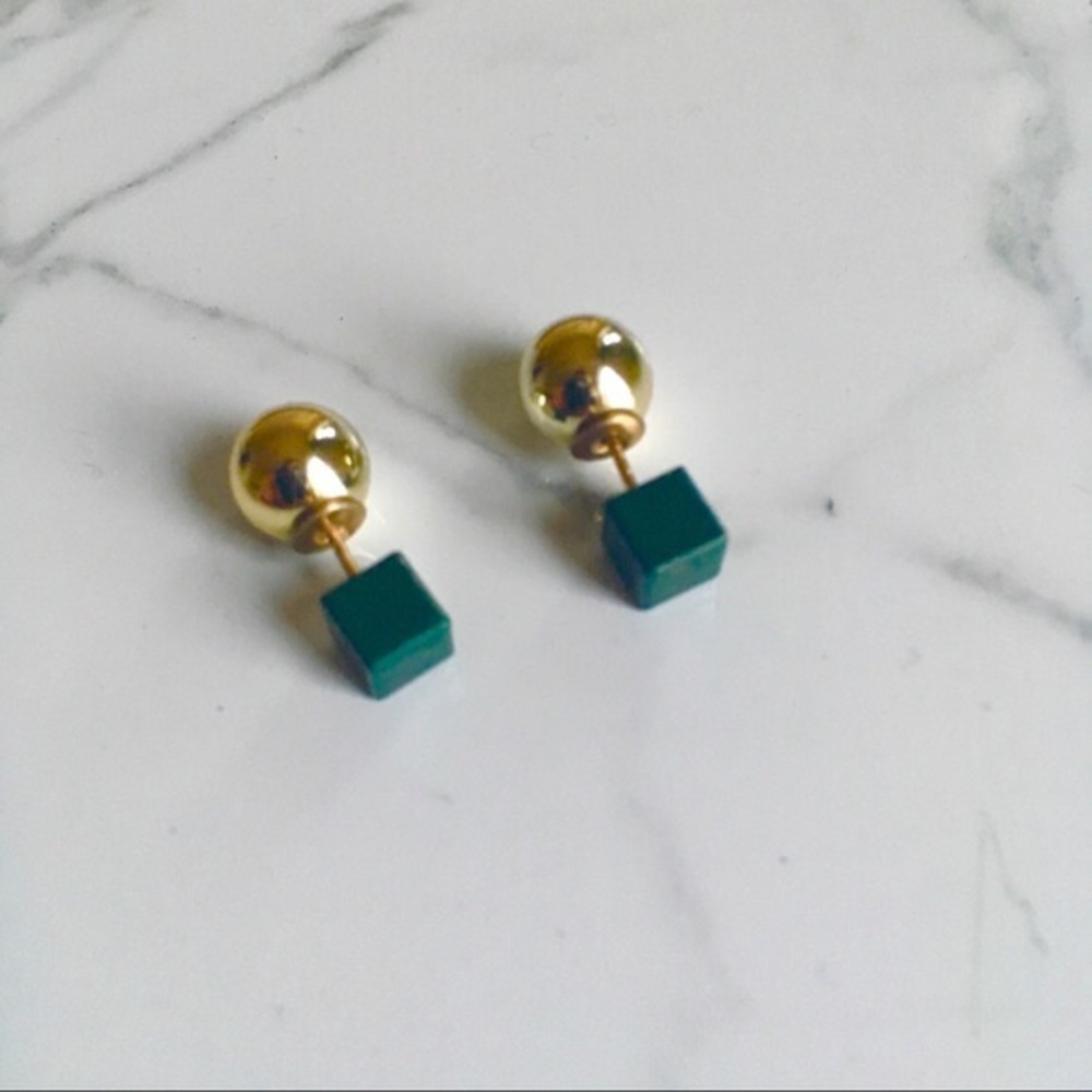 Vintage Cube Green / Gold Studs